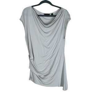 H by Halston Asymmetric Draped Jersey Top Drop Shoulder Ruched in Taupe Medium